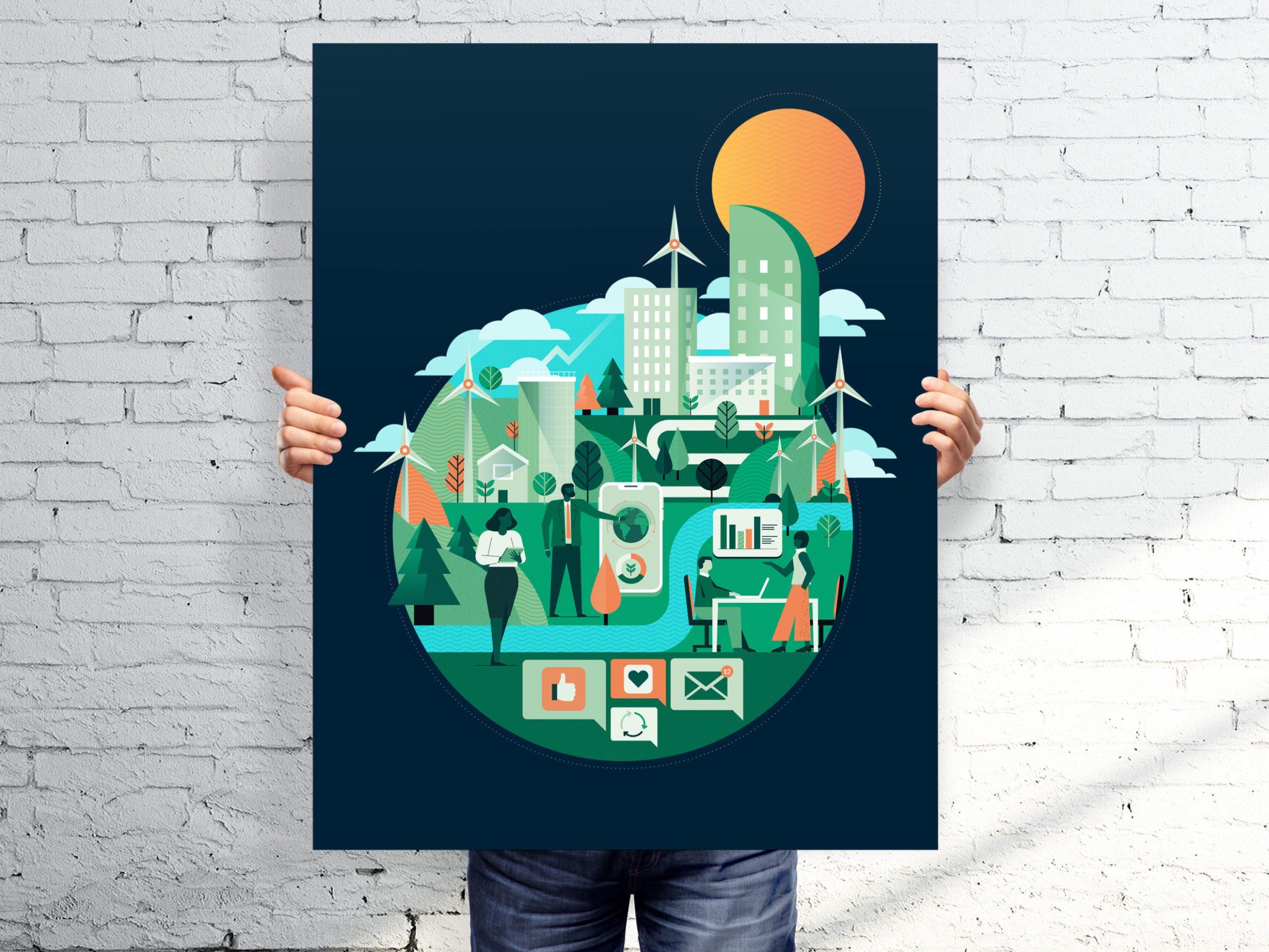 A man showcasing an illustration of a city on a poster.