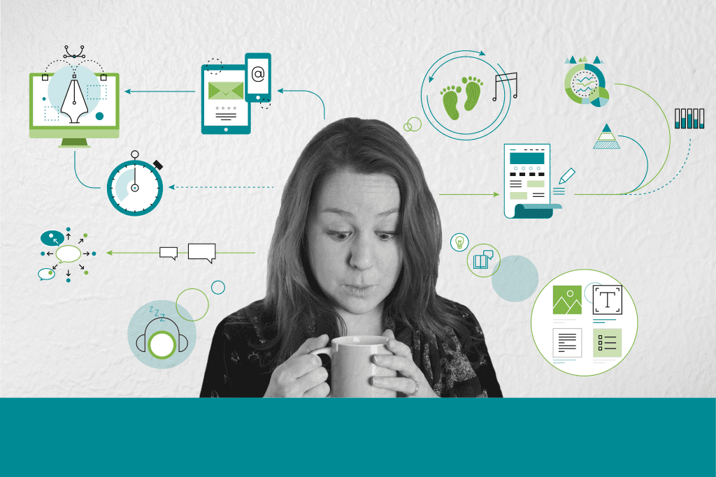 An image capturing a day in the life of an information designer, featuring a woman and a cup of coffee.