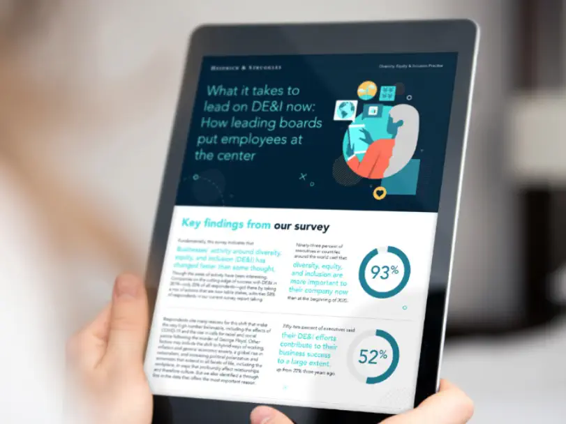 A person holding a tablet displaying a visual content infographic on the importance of DE&I (diversity, equity, and inclusion) in the workplace with key survey findings highlighted.
