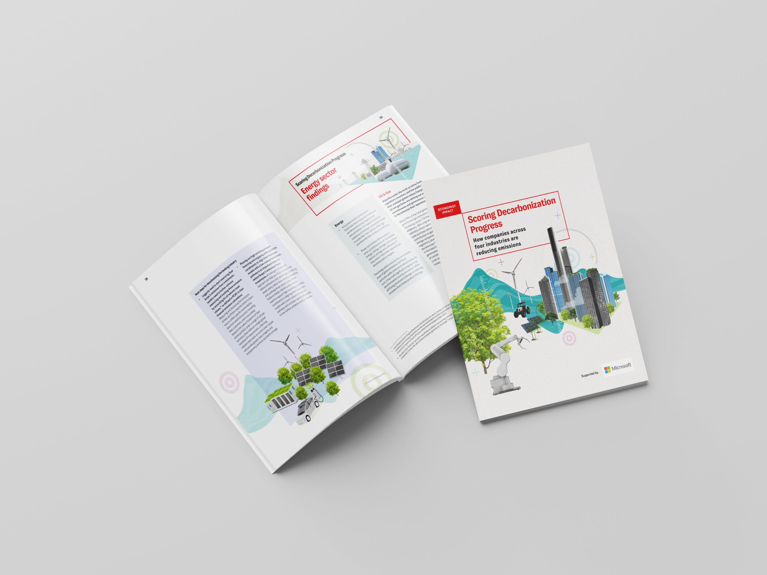An open brochure on smart decarbonization laid out on a white surface with the cover visible on the right and an inside page on the left, showcasing industry benchmarking insights.