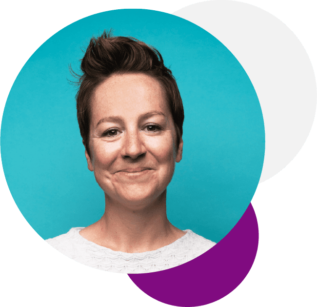 Portrait of a smiling woman with short hair, wearing a white top, against a blue and purple circular background, perfect for a landing page design.