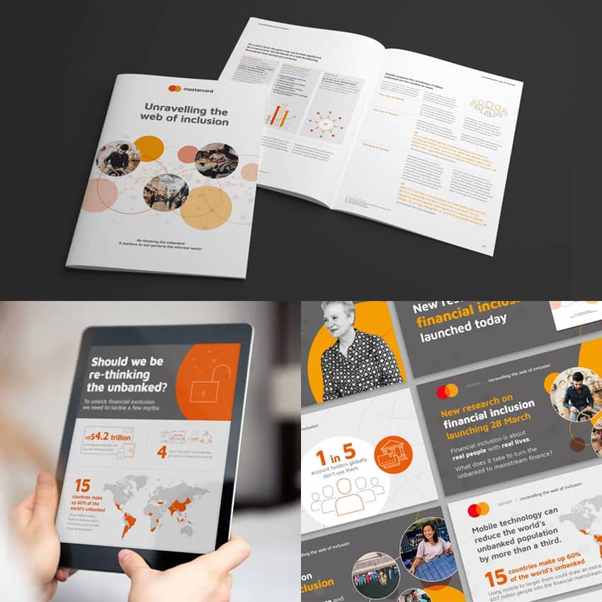 A brochure, open book, and tablet showing research on financial inclusion. Charts, images, and text highlight global unbanked statistics, new research, and mobile technology benefits.