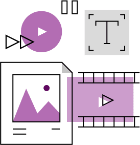 Digital tools icons for video editing and presentation design, including play buttons, text insertion, and image manipulation.