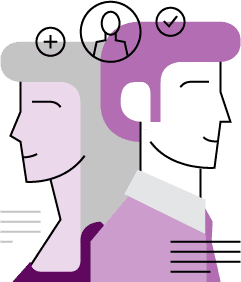 Illustration of a woman and a man facing opposite directions with icons above their heads showing a plus sign, user icon, and a check mark, ideal for highlighting Professional Presentation dynamics.