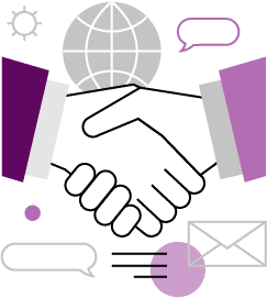 Illustration of two hands shaking with various communication symbols, including a globe, speech bubbles, and envelope, indicating collaboration and connectivity—perfect for enhancing presentation design.