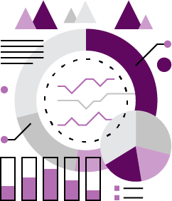 An abstract illustration showcasing various data visualizations, including bar charts, pie charts, and line graphs, elegantly presented in shades of purple and gray—ideal for enhancing your presentation design with professional flair.