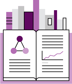 Illustration of an open book with graphical elements, including a triangle connected by circles on one page and a line graph on the other, set against a background of standing books—perfect for showcasing innovative Presentation Design.