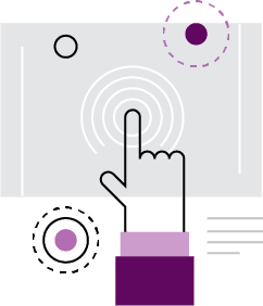 Illustration of a hand touching a screen interface with circular icons and concentric circles, suggesting interaction with a touch-based system for presentation creation.